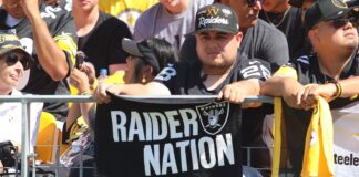 A Las Vegas Raiders Fan Showing support during the Las Vegas 26-17 win over Pittsburgh Sunday September 19th at Heinz Field ( Photo Credit: Vince Butts -UMT Sports)